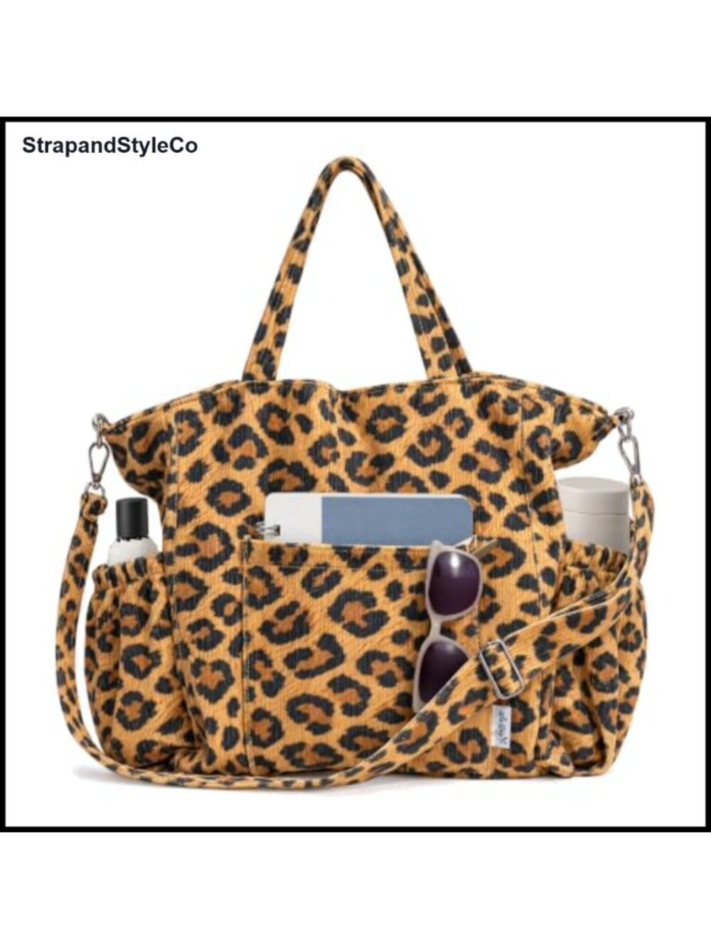 Corduroy Tote Bag Multi-Pocket Leopard Print 15 inch Laptop
